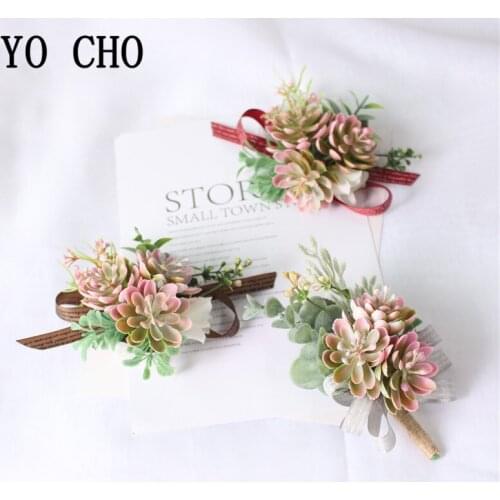 YO CHO Pink Groom Boutonniere Buttonholes Artificial Plants Wedding Corsage Pin Flowers Cuff Bracelet Bridesmaid Wedding Flowers