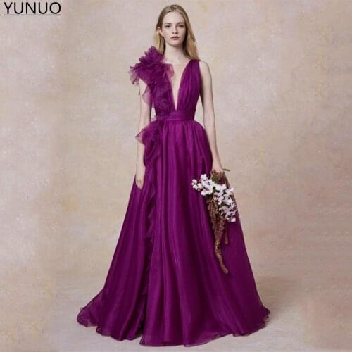 YUNUO Elegant Purple Organza Evening Dresses Long V Neck Ruffles Shoulder Party Prom Gowns Floor Length платье فساتين السهرة