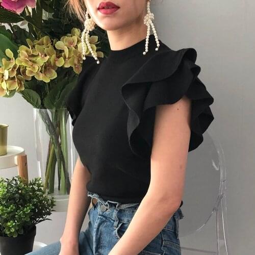 2021Korean Fashion Clothes Summer Ruffles Short Sleeve Women T Shirt Knitted Tops Tees Ladies White Black Slim Tshirt Elegant