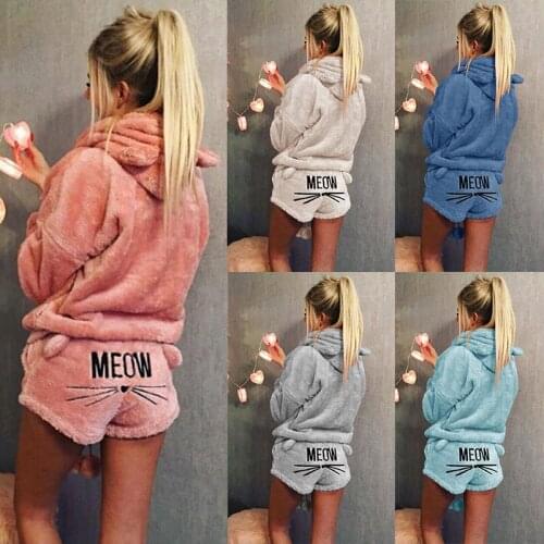 Women Coral Velvet Two Piece Suits Autumn Winter Pajamas Warm Sleepwear Cute Cat Meow Pattern Hoodies Shorts Set