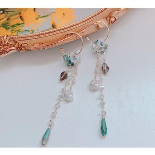 MWSONYA New Korean Holiday Crystal Earrings Super Fairy Baroque Shell Pearl Flower Drop Earrings Long Tassel Women Party Jewelry