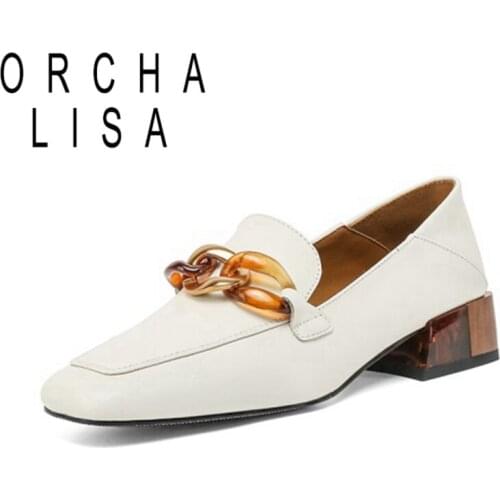 ORCHA LISA 2021 Genuine Leather Ladies Pumps Lofer Square Toe Metal Decoration Stepped On 3.5cm Chunky Heel US8 White A4330