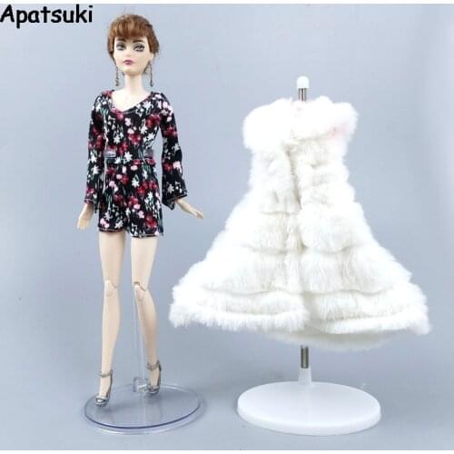 Lady Fashion Floral Rompers & White Fur Coat For Barbie Doll Outfits Clothes Set for 1/6 Doll Accessories Toys For Children
