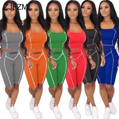 White Striped Spliced Two Piece Set Women Festival Clothing Square Collar Sleeveless Crop Top And Skinny Short Sporty Tracksuit