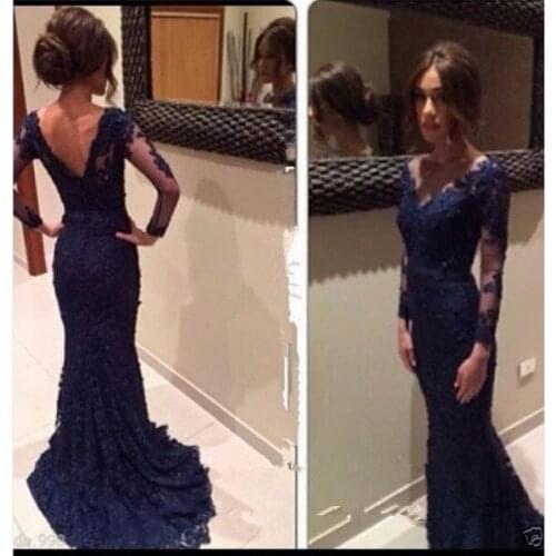 Vestido de Festa Navy Blue Formal Lace Evening Long Sleeve Mermaid Prom Gown 2018 V back Women mother of the bride dresses