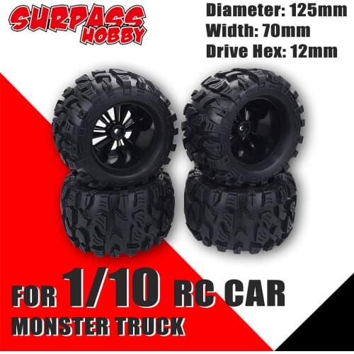 SURPASS HOBBY 4PCS 1/10 Monster Truck 125MM Tire Rubber Rocks Tyres 12mm Wheel Hex for RC Crawler Axial Traxxas Tamiya Kyosho
