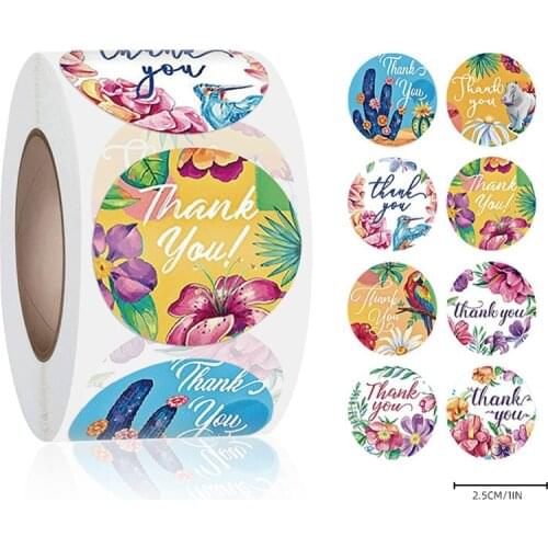 500pcs/roll Thank you Stickers Colorful flowers Cartoon Animals for Business Packaging Gift Decor Seal Label Stationery Stickers