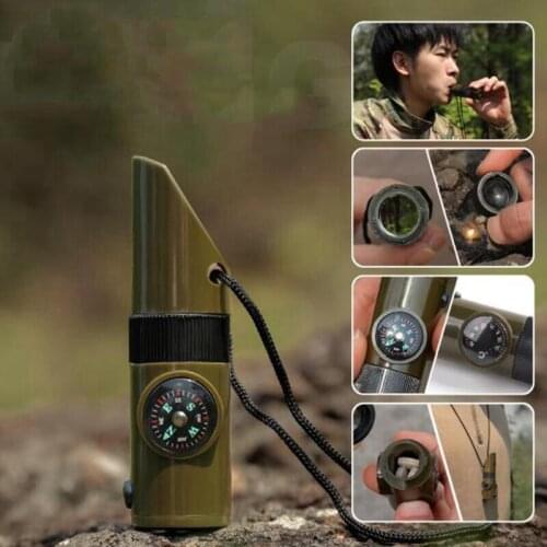 7 In 1 Whistle Survival Bushcraft Trekking Whistle Compass Mirror Torch Magnifier Led Light Thermometer Storage Compass Tools