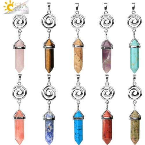 CSJA Natural Stone Pendant for Necklace Spiral Hexagonal Crystal Charms Pendants Purple Rose Pink Quartz Tiger Eye Jewelry G697