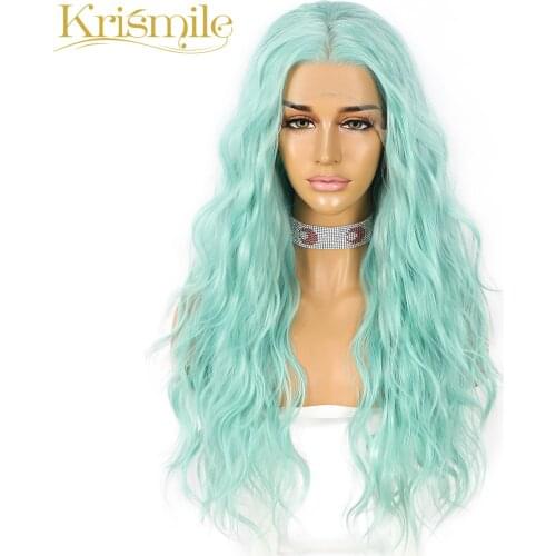 Krismile Long Water Wave Synthetic Lace Front Wigs Light Blue Hair for Women Party Cosplay Drag Queen Daily High Temperature