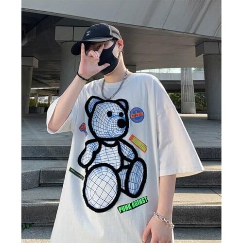 Summer New Pattern Bear Printing Mens Hip Hop Street Loose Leisure Multi Function T-shirt Lovers Round Neck Half Sleeves