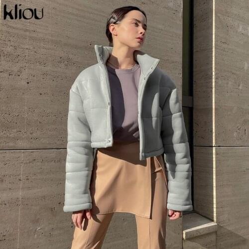 Kliou Pure Cotton Heavy Coat Jacket Women Autumn Concise High Street Outwear Turtleneck Pocket All-matching Lazy Style Tops Hot