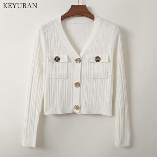 2021 Women Cardigans Sweater Knitted Crop Tops Korean Chic Fashion Aurumn Winter Metal Button Pocket Long Sleeve Sweater Jacket