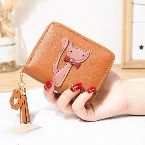 Cartoon cute cat girls small purse tassel short Purses for women coins zipper square woman Wallet bag leather female coin pouch