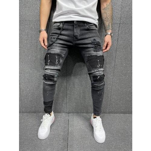 Men Ripped Skinny Jeans Biker High Quality Black Distressed Slim-Fit Pencil Pants Locomotive Zipper Denim Pants Hip Hop Trousers