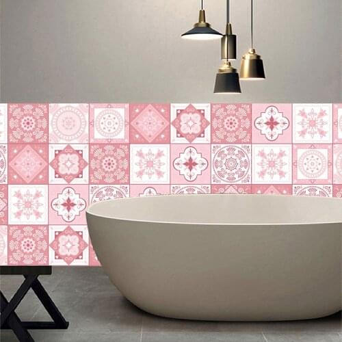 Pink Baroque Tile Stickers Waterproof Home Decor Living Room Bathroom DIY Self-adhesive Wallpaper PVC Wall Mural Decals Posters