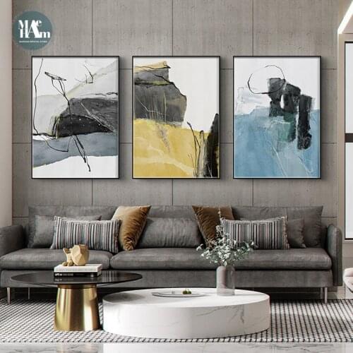 Nordic Blue color Wall Art Canvas Painting Abstract Color piece lines Art Poster Print Wall Picture for Living Room Decor