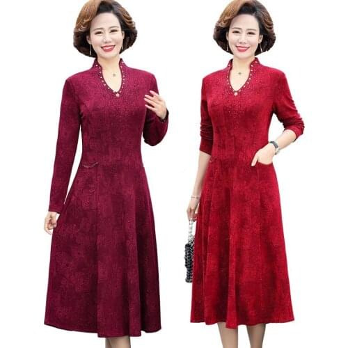 2021 New Chinese Modern Improved Cheongsam Red V-neck Long Sleeve Jacquard Pure Color Dress Vestido Womens Chinese Dress