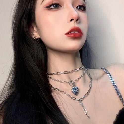 Docona Punk Lover Heart Letter Pandent Necklace for Women Silver Color Multi-layer Cuban Chain Party Jewelry Collar 19965