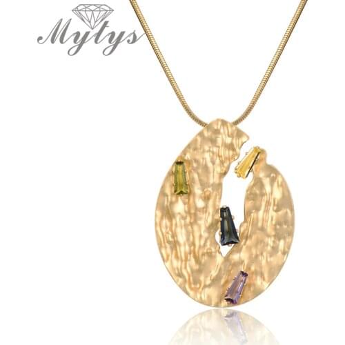 Mytys Gold Flag Pendant Necklace for Women Brand Crystal Statement Necklace Snake Chain CN562