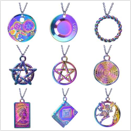 Round Pendant Necklace Book Pentagram Charm Necklaces For Women Men Accessories Choker Vintage Jewelry Rainbow Chain On The Neck