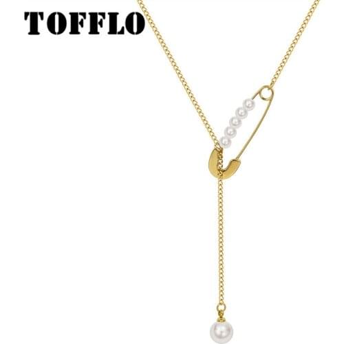 TOFFLO Stainless Steel Jewelry Imitation Pearl Tassel Pendant Necklace Womens Fashion Pin Clavicle Chain BSP1056