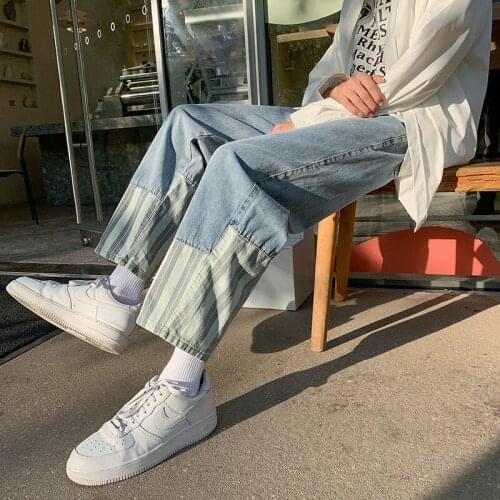 Straight Jeans Stitching Stripes Mens Loose Casual Denim Pants Washed Hip-hop Streetwear Wide-leg Trousers Four Seasons Thin