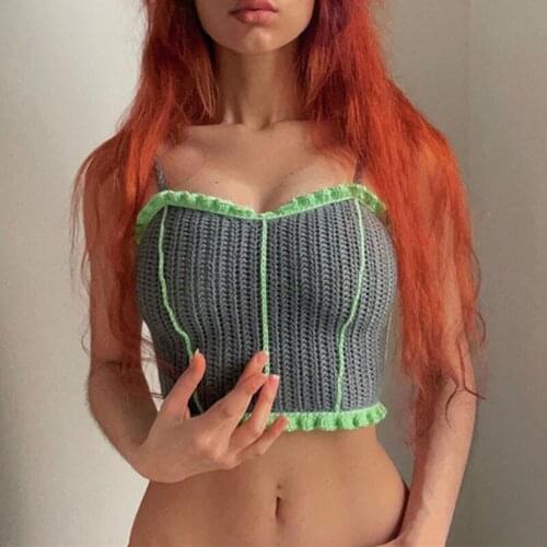 SEASONS 2000s Fashion Green Ruffles Knitted Corset Tops Streetwear Lace-Up Backless Patchwork Cami Tops Crop Top 2021 ASVE83205