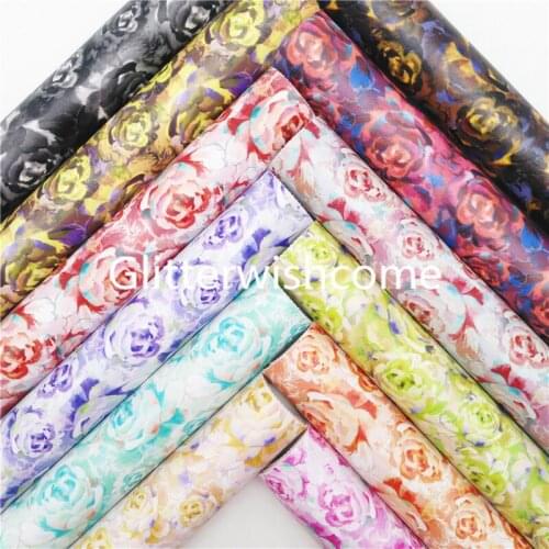 Glitterwishcome 21X29CM A4 Size Rose Flowers printed Synthetic Leather, Faux Leather Fabric Sheets for Bows GM088C