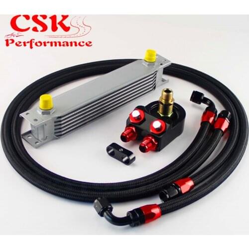 Universal 7 Row 248mm AN8 Engine Transmission Oil Cooler British Type + Aluminum Filter Adapter Kit Silver