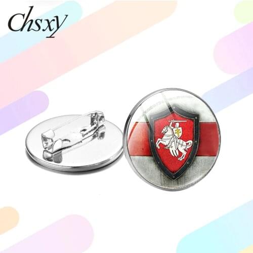 CHSXY Vintage Republic of Belarus Brooches National Emblem White Knight Art Photo Glass Cabochon Lapel Pins Button Badge Jewelry