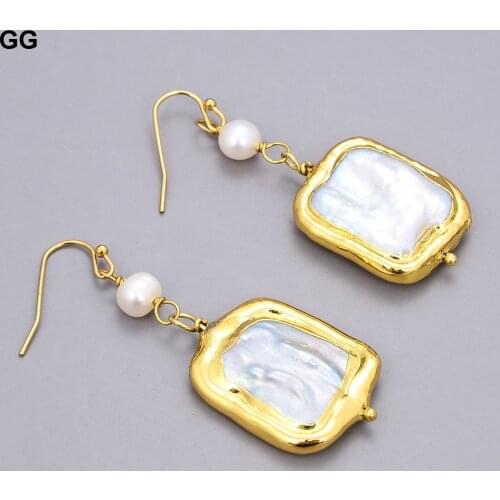 GuaiGuai Jewelry Natural White Square Keshi Pearl Gold Color Plated Hook Earrings For Women