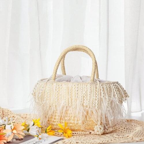 Tassel Woven Straw Tote Bags Bohemia Handbag Holiday White Ostrich Feather Beach Bag Women 2021 Summer Handmade Pearls Beaded