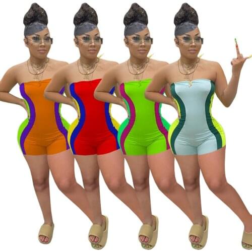2021 Fitness Women Rompers Off Shoulder Skinny Biker Playsuits Summer Sporty Activewear Side Stripe Sexy Club Party Jumpsuits