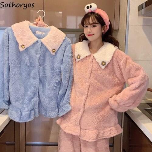Plus Velvet Thicker Coral Fleece Women Pajama Sets Warm Kawaii Single Breasted Patchwork Korean Style Homewear Chic Leisure New