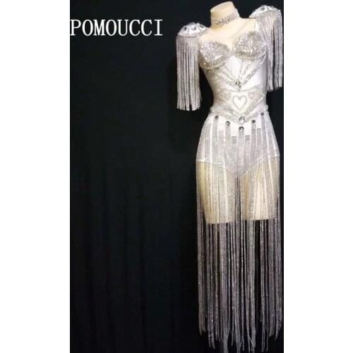 Women New Black White Crystals Epaulet Sexy Bodysuit Sparkly Tassel Outfit Women Celebrate Costume Stage Party Singer Dance Wear