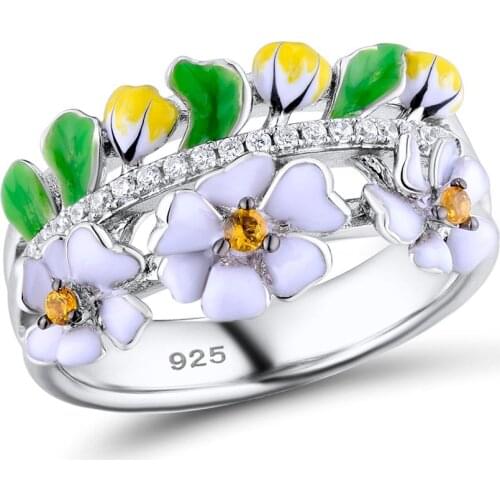 Ladies Vintage Jewelry Solid 925 Sterling CZ Ring Enamel Flower Leaf Wedding Band Rings for Women Wedding Bridal Party Gift
