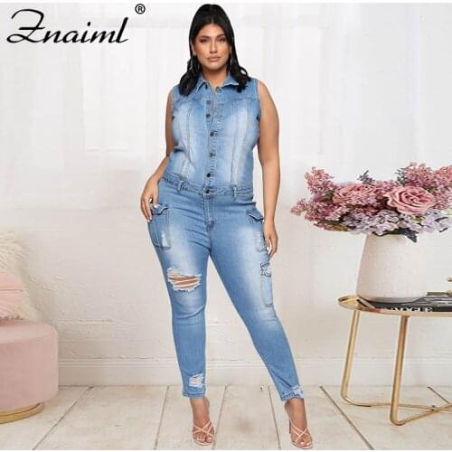 Znaiml Sleeveless Button Ripped Slim Jumpsuit Sexy Bodysuit Women Denim Overalls Rompers Girls Pants Mom Jeans Ladies Plus Size