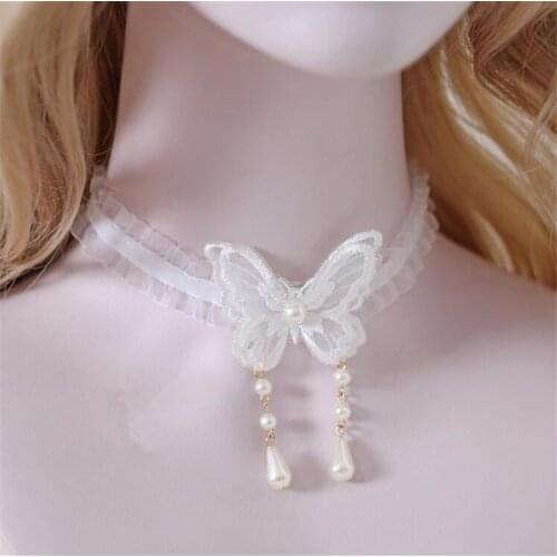 White Lace Lolita Princess Pearl Butterfly Choker women Pendant Necklace Jewey B1774