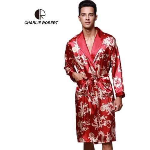 CR Printing Men Robe Spring Summer Style Emulation Silk Turn-down Collar Belt Bathrobe Free Shipping AP452