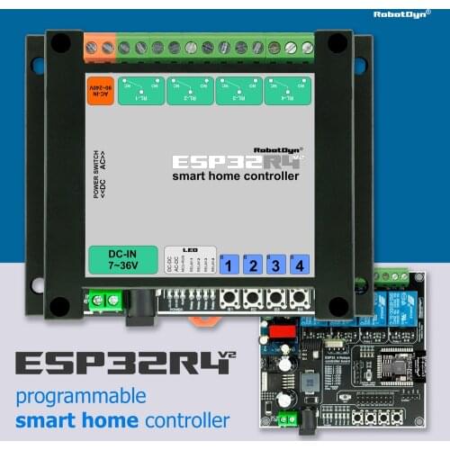 ESP32 - 4 Relays controller board for Wi-Fi or Bluetooth Smart Home system, equipment control. Programmable