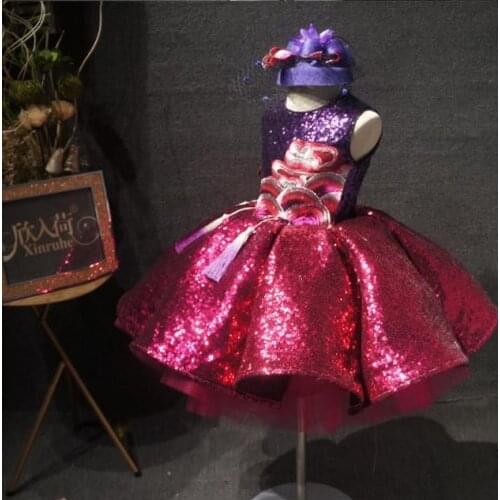 Luxury Sparkly Sequins Embroidery Infant Baby Girls Clothes Infant Tutu Pageant Dresses Toddler Birthday Gowns with Headpiece
