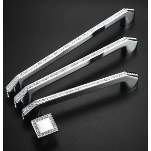 128mm 160mm 192mm Fashion deluxe rhinestone wardrobe kitchen cabinet door handle K9 crystal silver drawer wine cabinet pull knob