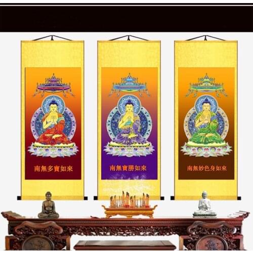 Seven treasures Tathagata Buddha statue Silk hanging pictures, Buddhist hall worships Kaiguang scroll Buddha