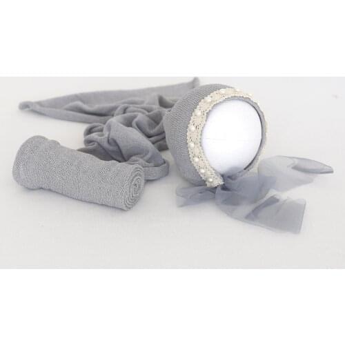 Grey Newborn Pearl Lace Hat Baby Knit Mohair Wrap Bonnet Set Photography Props Newborn Swaddle Fabric Photo Prop