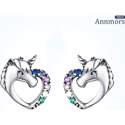 ANNMORS Unicorn Stud Earrings Lucky Gift Cute Heart Animal Prevent Allergy S925 Sterling Silver Fine Style CZ Jewelry Earrings