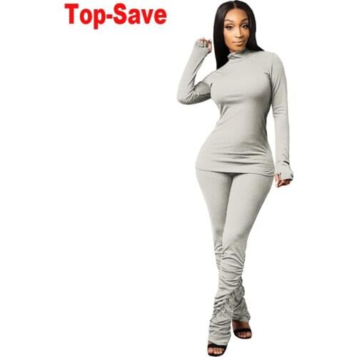 Sporty Turtleneck Ribbed Sweater And Stacked Pants 2 Piece Set Women Casual Sportswear Tracksuits Fashion Workout Matching Sets