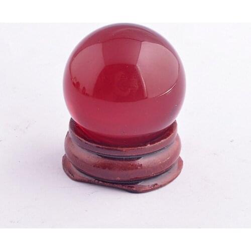 Red Crystal Glass Ball W Wooden Stand Home Office Decor Dia:3cm Y1401