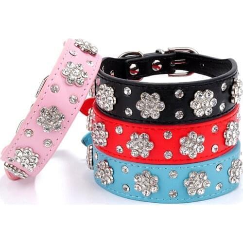 Rhinestone PU Leather Dog Collar Fashion Pet Puppy Necklace Bling Crystal Studded Cat Collars Pink Red For Small Medium Dogs