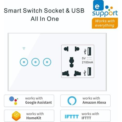 WiFi 5 Hole Universal Socket with USB and Smart Switch 1 2 3 Gang Wall Touch Light Switch Work with Alexa Google Home 90-240V